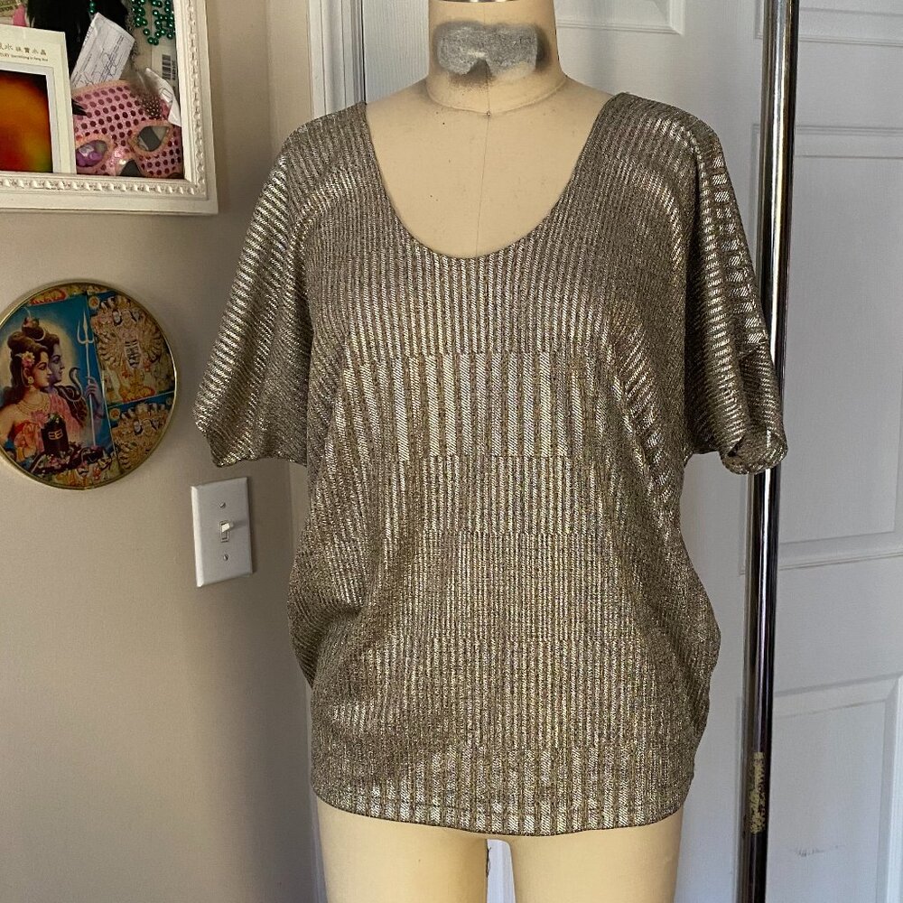 KIM & CAMI Bronze Gold metallic Y2K Dolman batwing Tunic Shirt *SMALL*